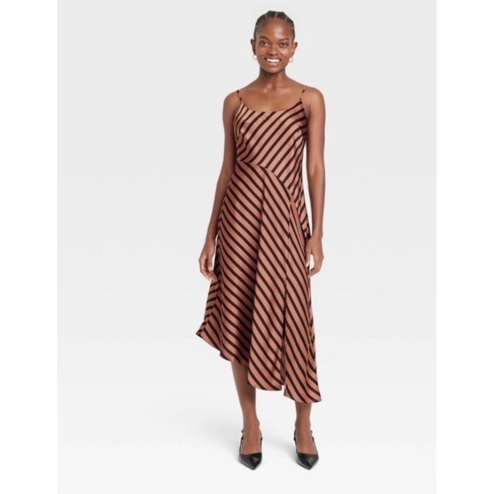 A New Day Slip Dress Womens XXL Brown Black Excellent Striped Midi Asymmetrical